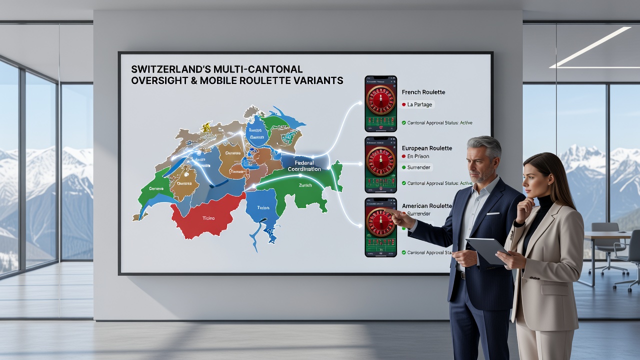 Mobile roulette interface displaying variant selection screen under Swiss licensing rules